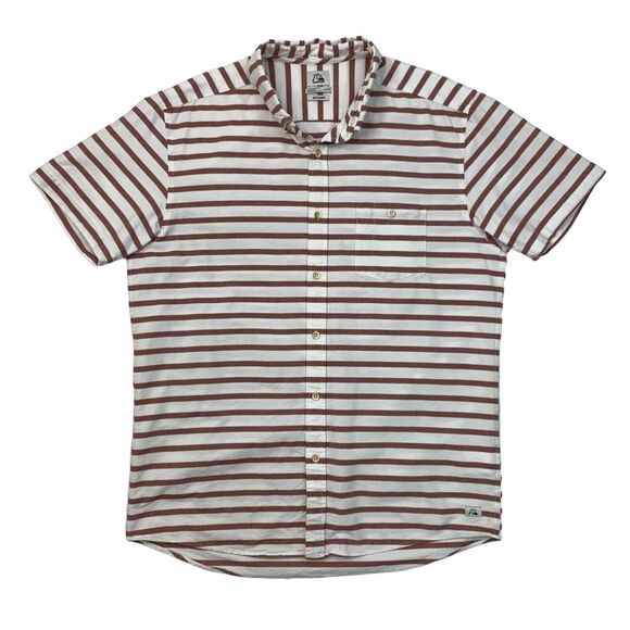 Quiksilver Shirt Mens L Large Modern Fit Red Stripe Short Sleeve Button Down - Picture 1 of 12